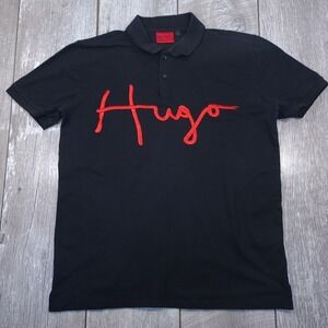 Hugo Boss Polo Shirt Men Large Black Red Script Logo Slim Fit Short Sleeve